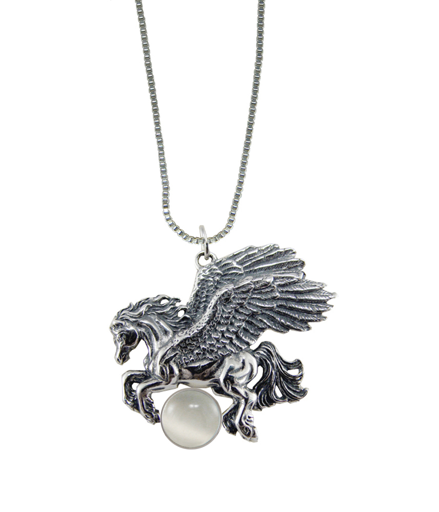 Sterling Silver Detailed Winged Horse Pegasus Pendant With White Moonstone